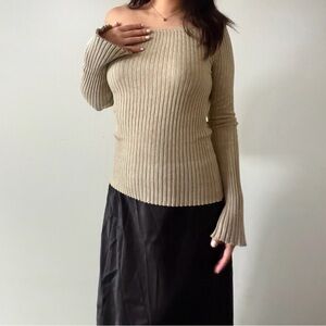 Beige Ribbed Off-Shoulder Sweater